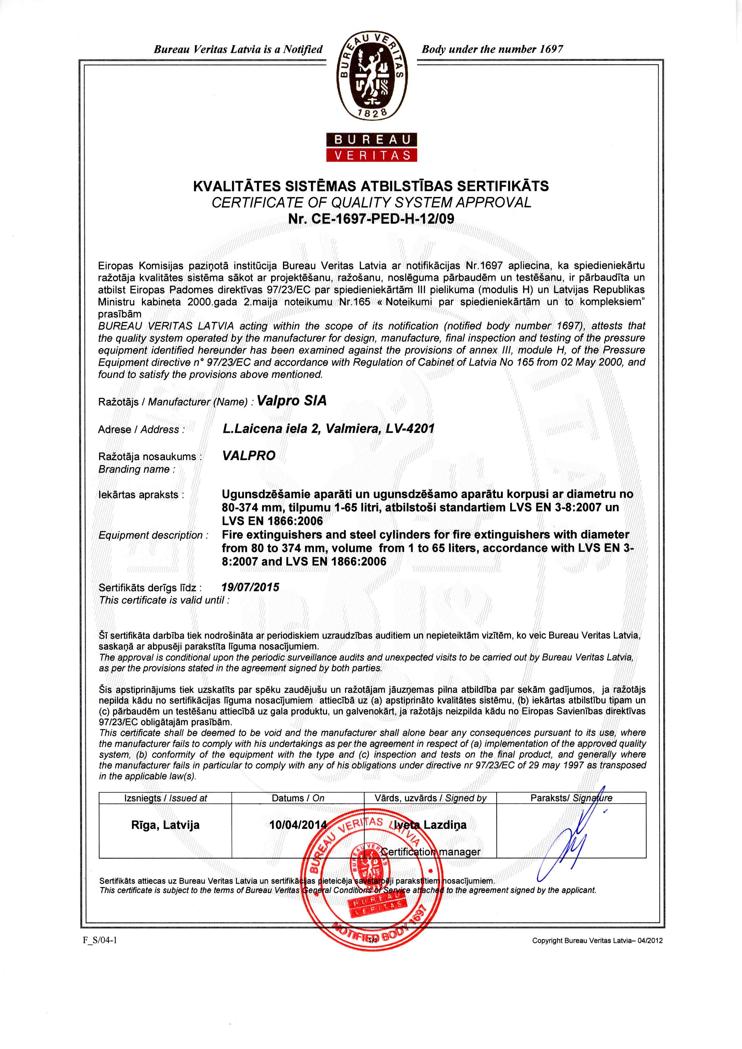 VALPRO Products Fire extinguishers Certification